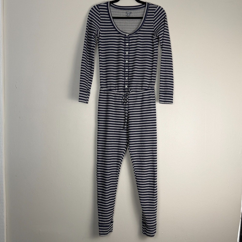 Aerie One-Piece Pajamas Women's XS Gray Navy Striped Henley Neck Drawstring Cozy
